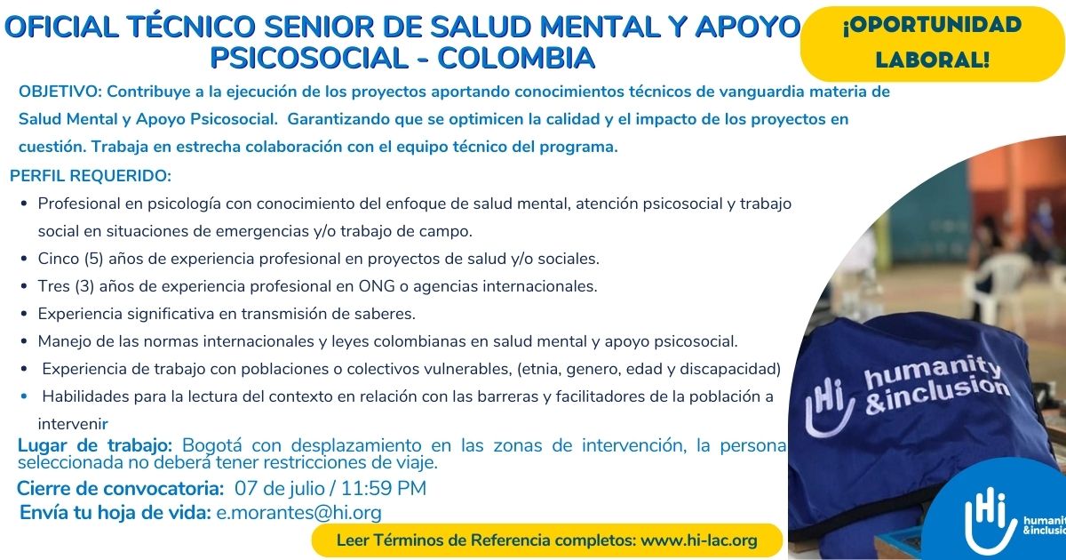 OFICIAL TÉCNICO SENIOR DE SALUD MENTAL Y APOYO PSICOSOCIAL - COLOMBIA