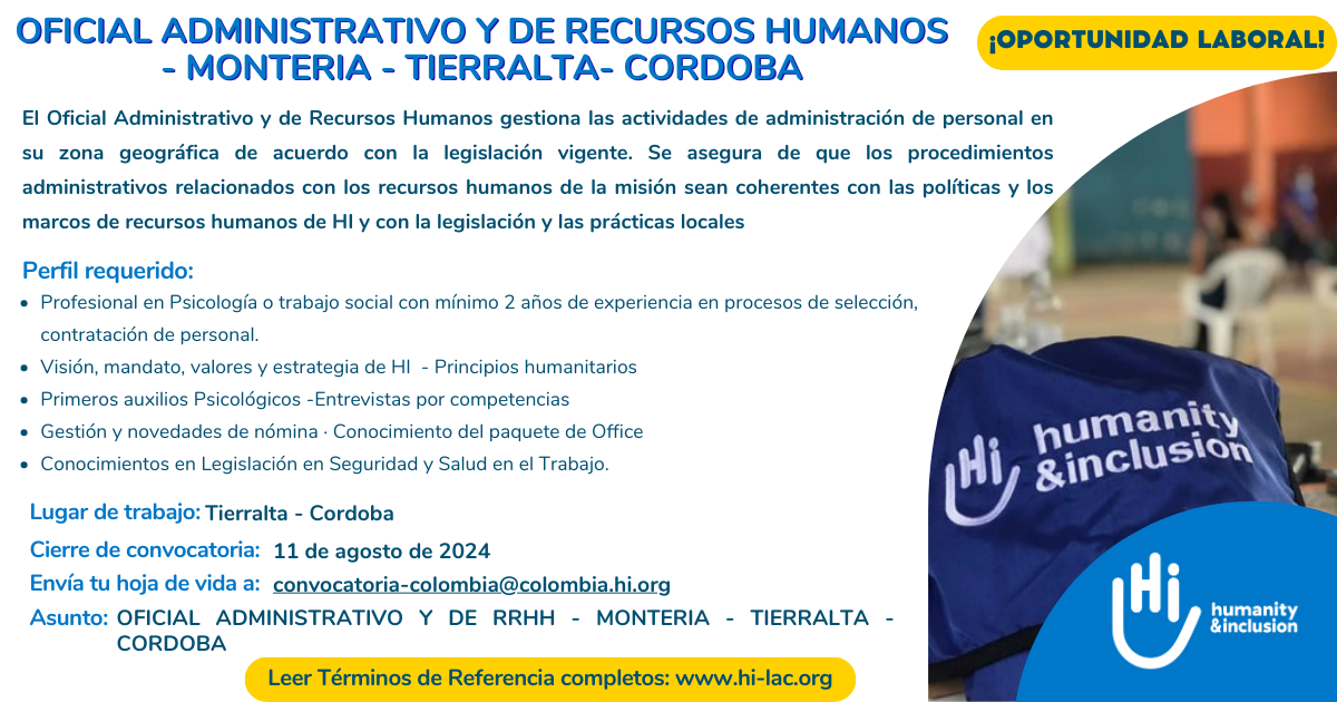 Oficial Administrativo y de Recursos Humanos - Tierra Alta, Córdoba