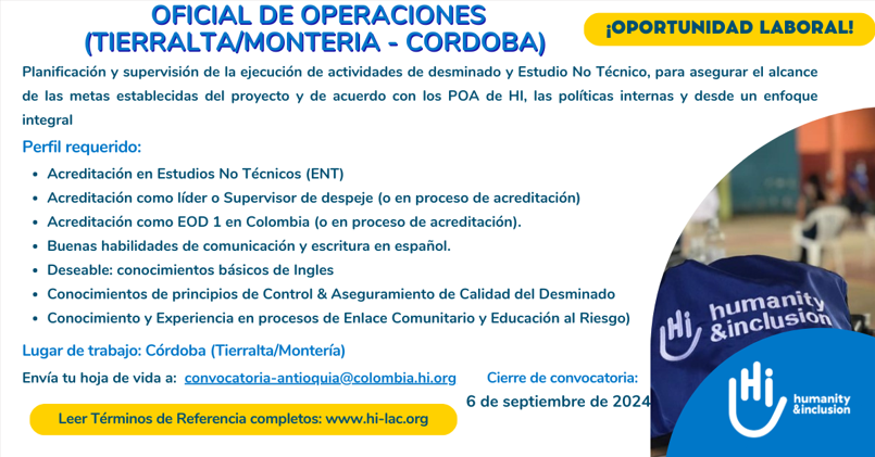 Oficial de Operaciones - Tierralta, Córdoba, Colombia