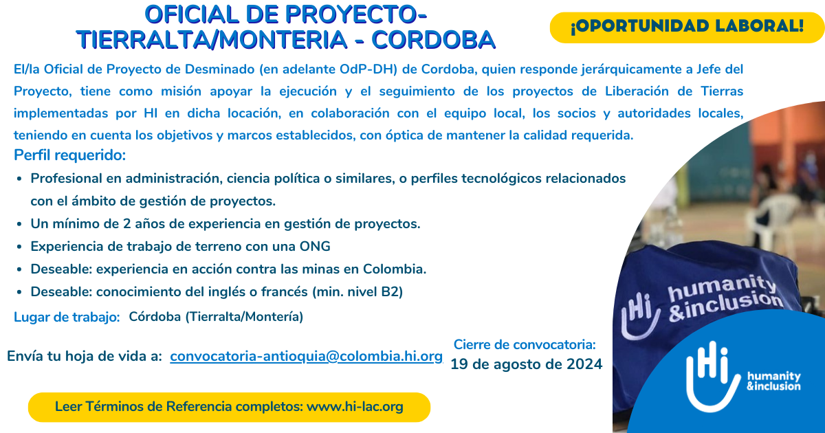 Oficial de proyecto - Tierralta, Córdoba