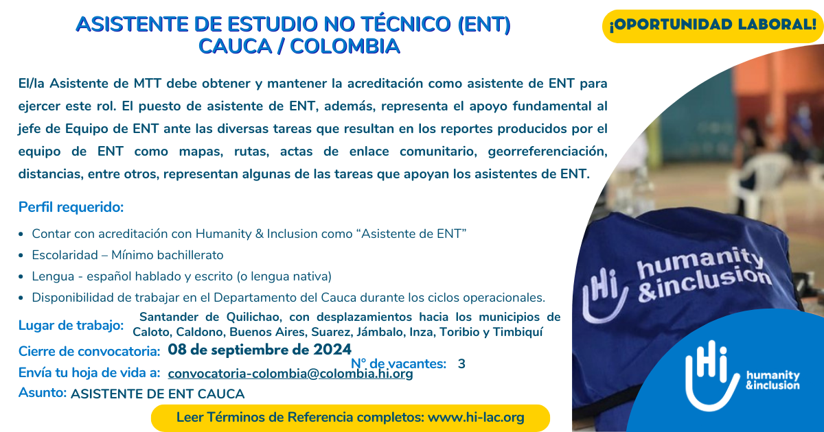 Asistente de Estudio no Técnico - Cauca, Colombia