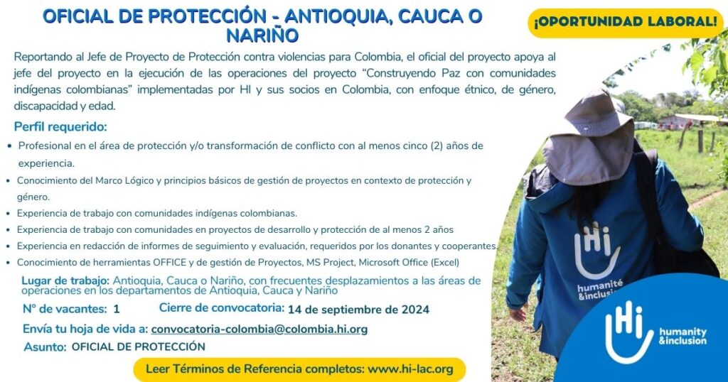 Oficial de Protección - Antioquia, Cauca o Nariño, Colombia