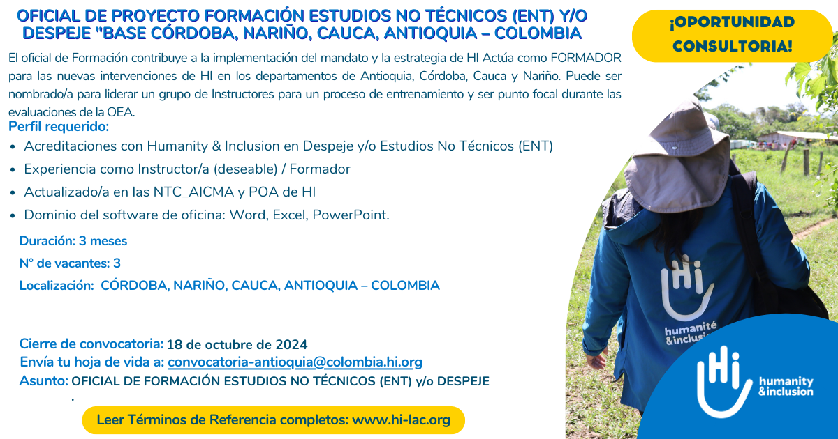 Oficial de Proyecto Formación Estudio no Técnico - Córdoba, Nariño, Cauca, Antioquia - Colombia