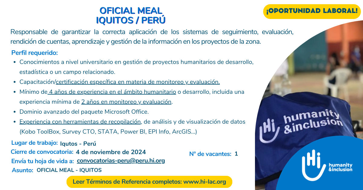 Oficial de Monitoreo y Evaluación, MEAL - Iquitos, Perú