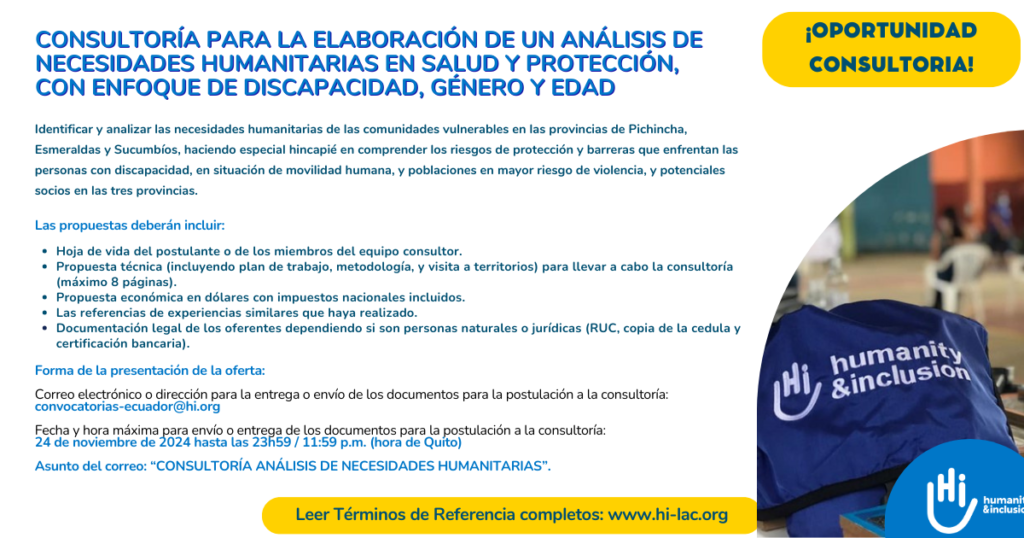 Consultoría para la elaboración de un Análisis de Necesidades Humanitarias en Salud y Protección, con enfoque de discapacidad, género y edad