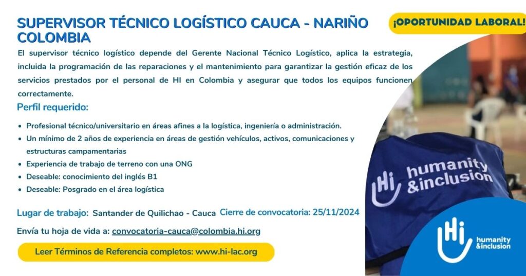 Supervisor Técnico Logístico - Cauca, Nariño, Colombia