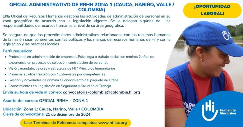 Oficial Administrativo y de Recursos Humanos - Zona 1, Colombia