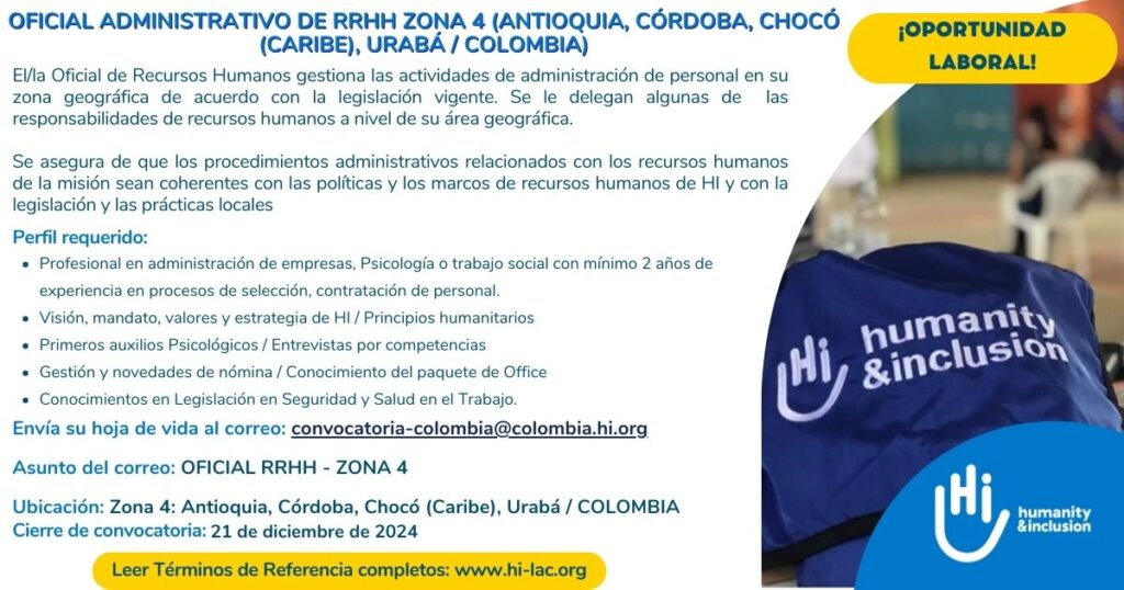 Oficial Administrativo y de Recursos Humanos – Zona 4, Colombia