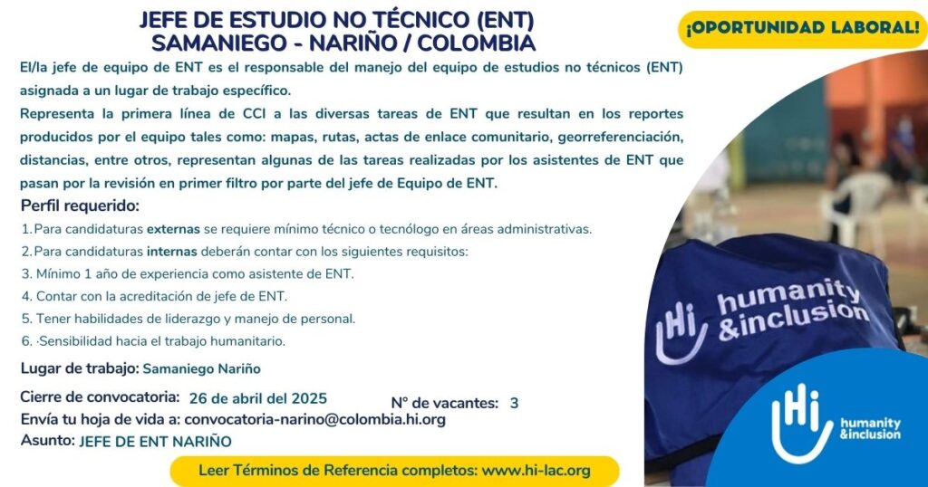Jefe de Estudio no Técnico (ENT) - Samaniego, Nariño, Colombia