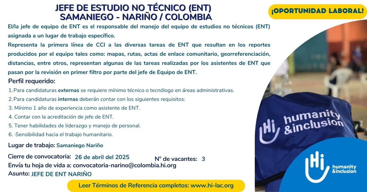 Jefe de Estudio no Técnico (ENT) - Samaniego, Nariño, Colombia