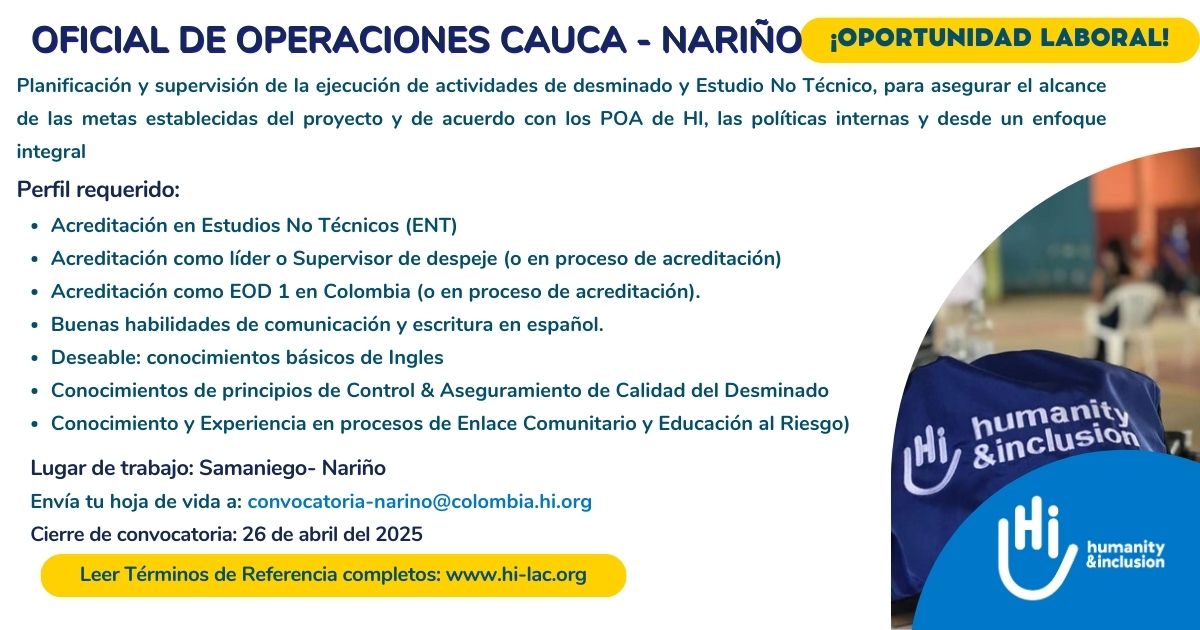Oficial de Operaciones - Cauca, Nariño, Colombia