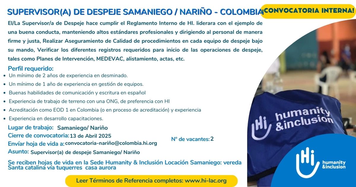 Supervisor/a de Despeje - Samaniego, Nariño, Colombia