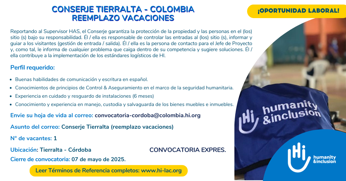 Conserje (reemplazo de vacaciones) - Tierralta, Córdoba, Colombia
