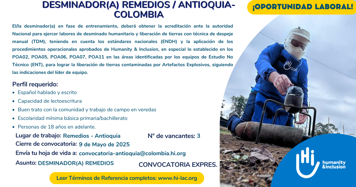 Desminador/a - Remedios, Antioquia, Colombia