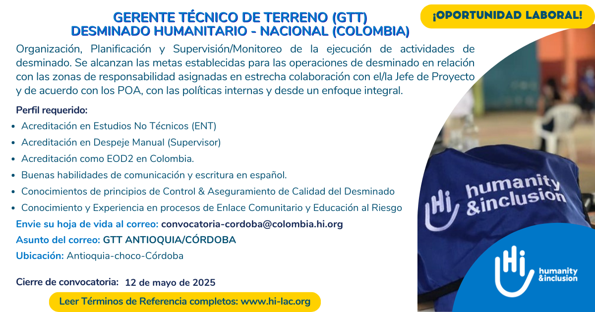 Gerente Técnico de Terreno - Antioquia, Chocó, Córdoba, Colombia