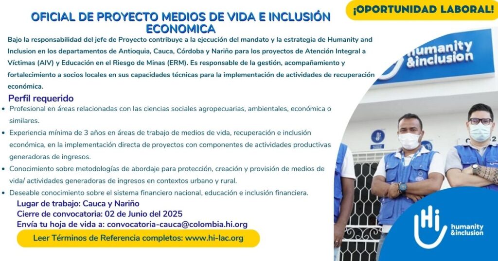 Oficial de Proyecto (Medios de Vida) - Nariño y Cauca, Colombia