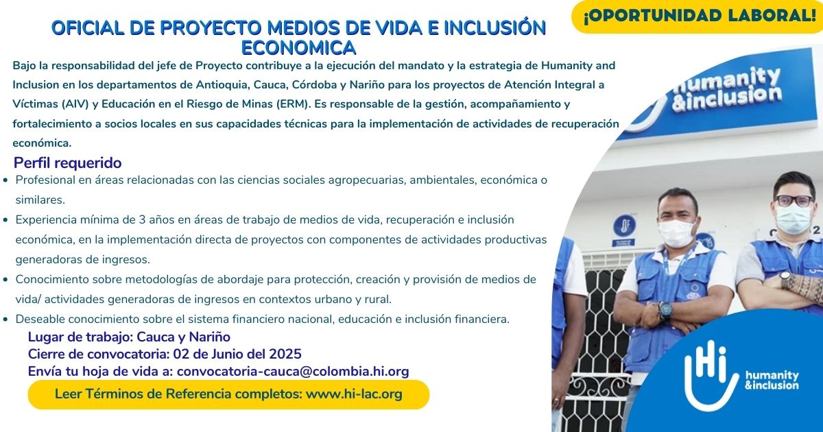 Oficial de Proyecto (Medios de Vida) - Nariño y Cauca, Colombia