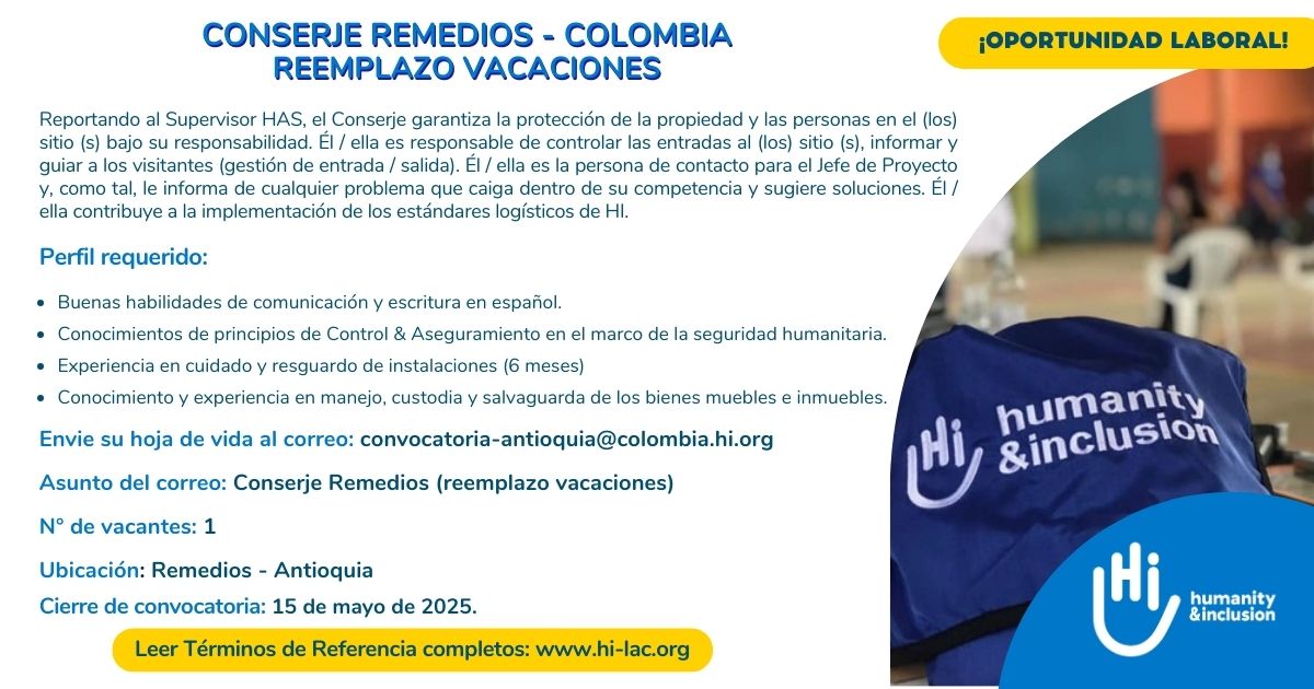 Conserje (reemplazo de vacaciones) – Remedios, Antioquia, Colombia
