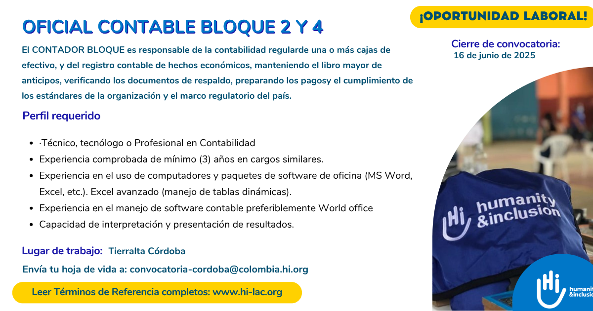 Oficial Contable - Guajira, Antioquia, Córdoba, Choco y Norte de Santander, Colombia