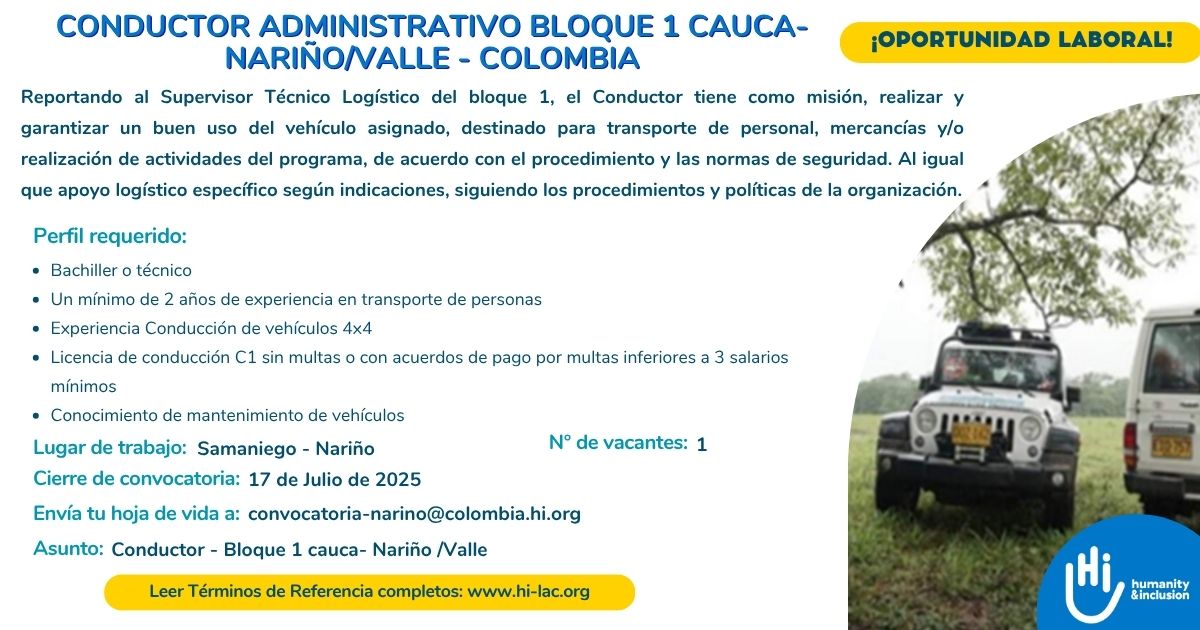 Conductor Administrativo - Cauca, Nariño, Colombia