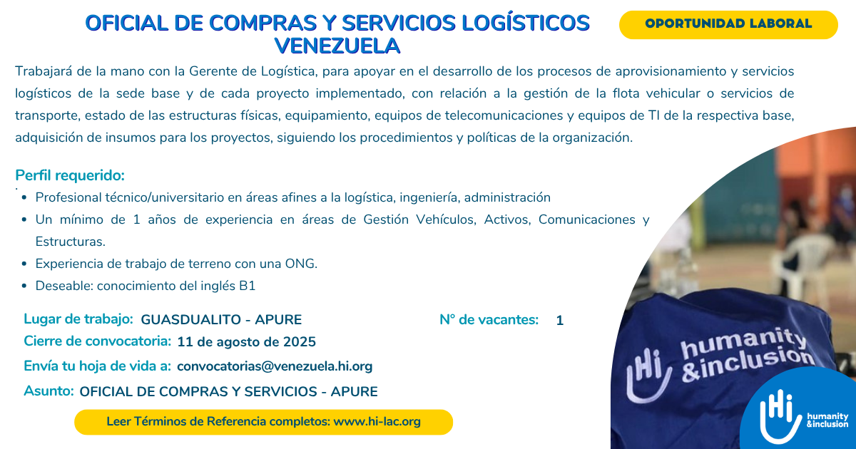 Oficial de Compras y Servicios Logísticos - Apure, Venezuela