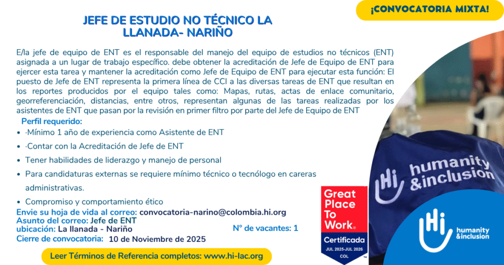 Jefe de Estudio no Técnico (ENT) – La Llanada, Nariño