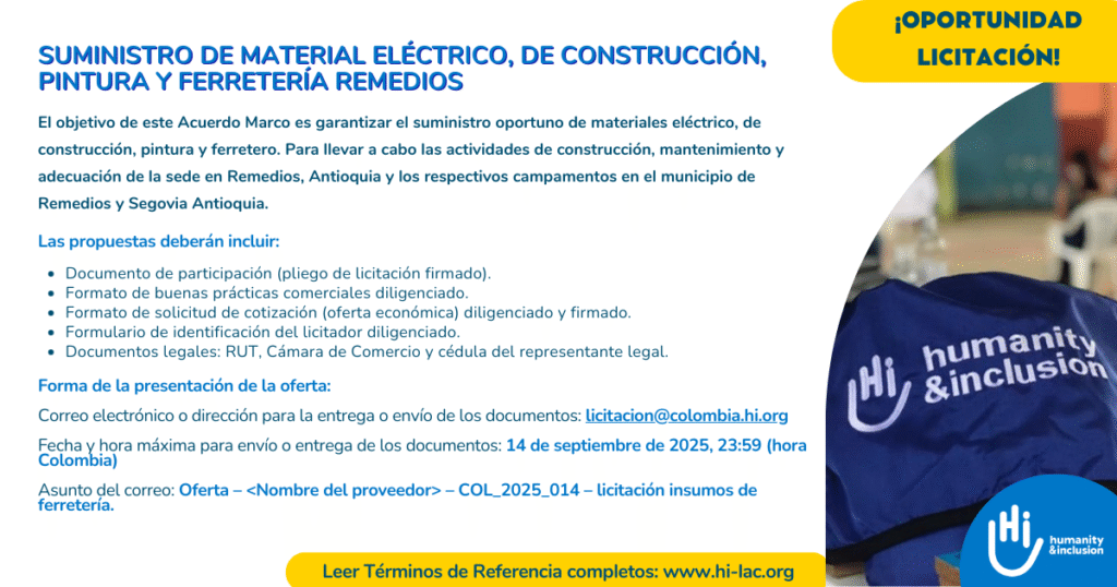 Licitación COL_2025_014 / Suministro de material eléctrico, de construcción, pintura y ferretería Remedios