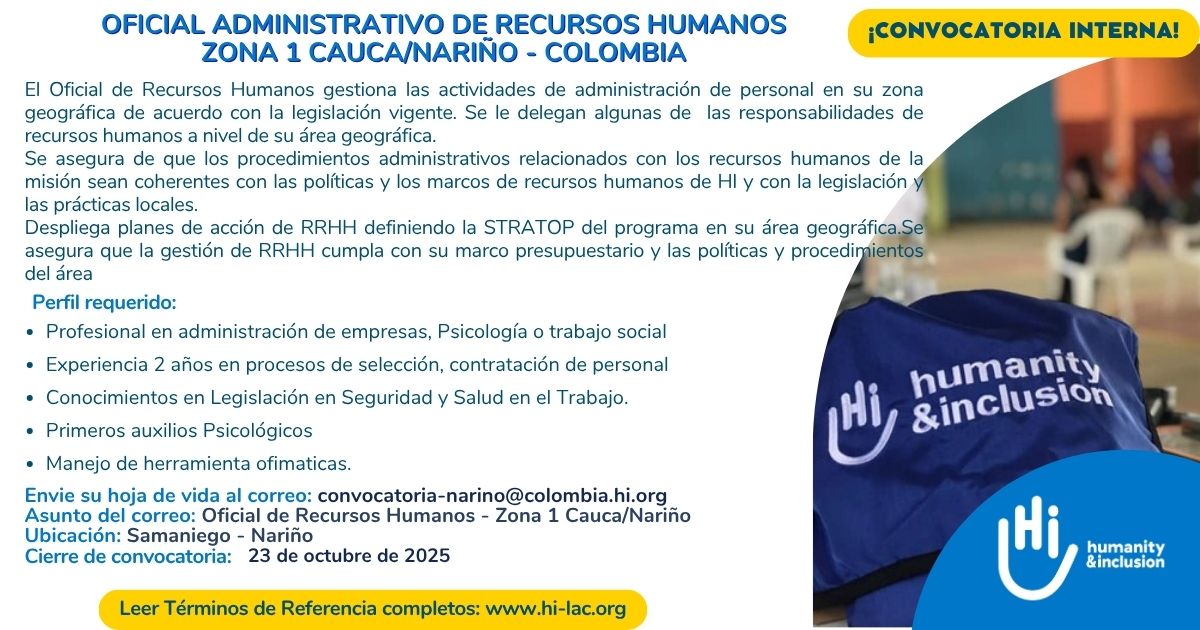 Oficial Administrativo/a Recursos Humanos - Cauca y Nariño, Colombia
