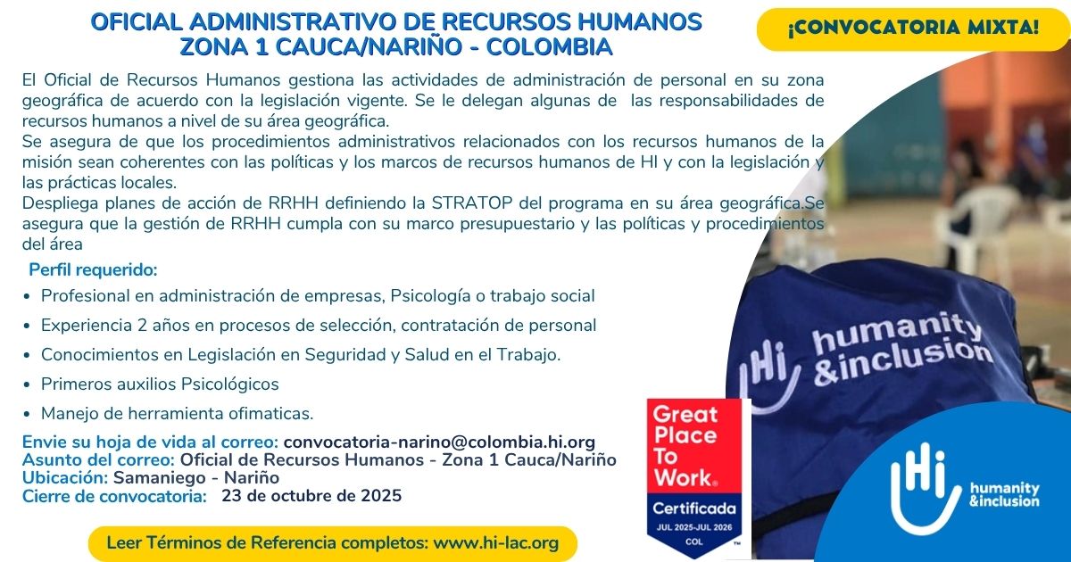 Oficial Administrativo/a Recursos Humanos - Cauca y Nariño, Colombia