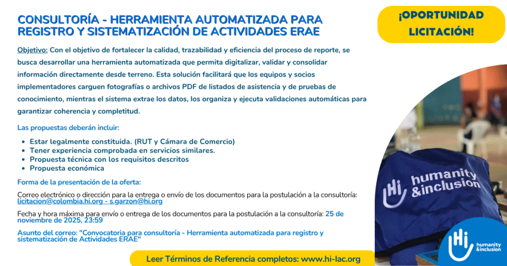 Consultoría - Herramienta automatizada para registro y sistematización de Actividades ERAE - Colombia