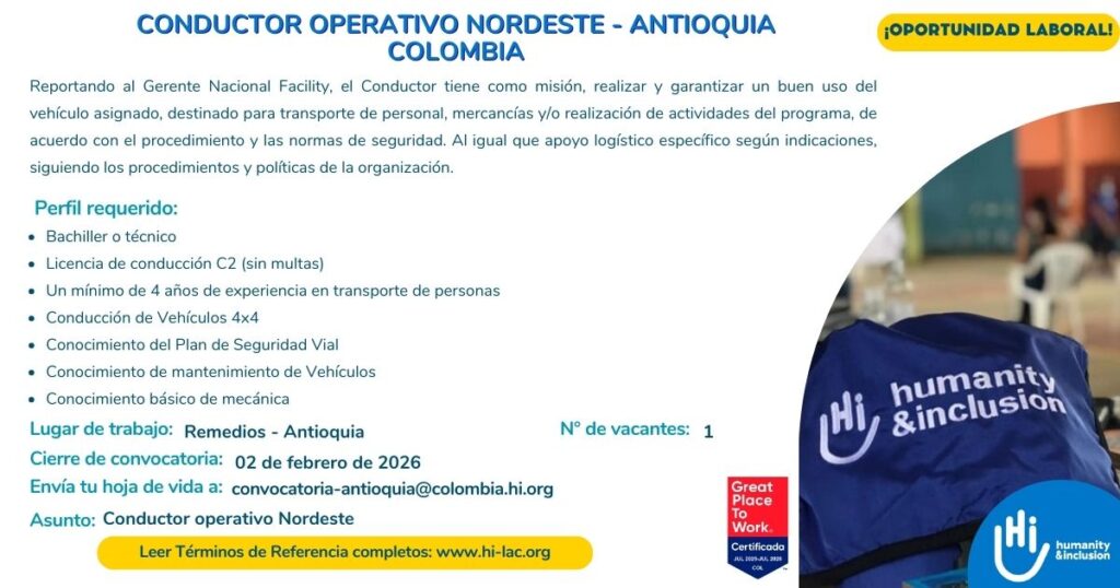 Convocatoria laboral Colombia, contratación conductor operativo