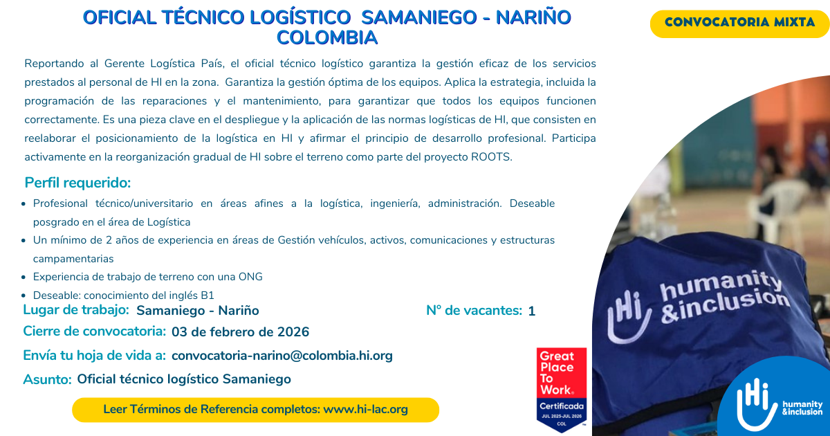 Convocatoria laboral oficial técnico logístico Samaniedo Nariño Colombia